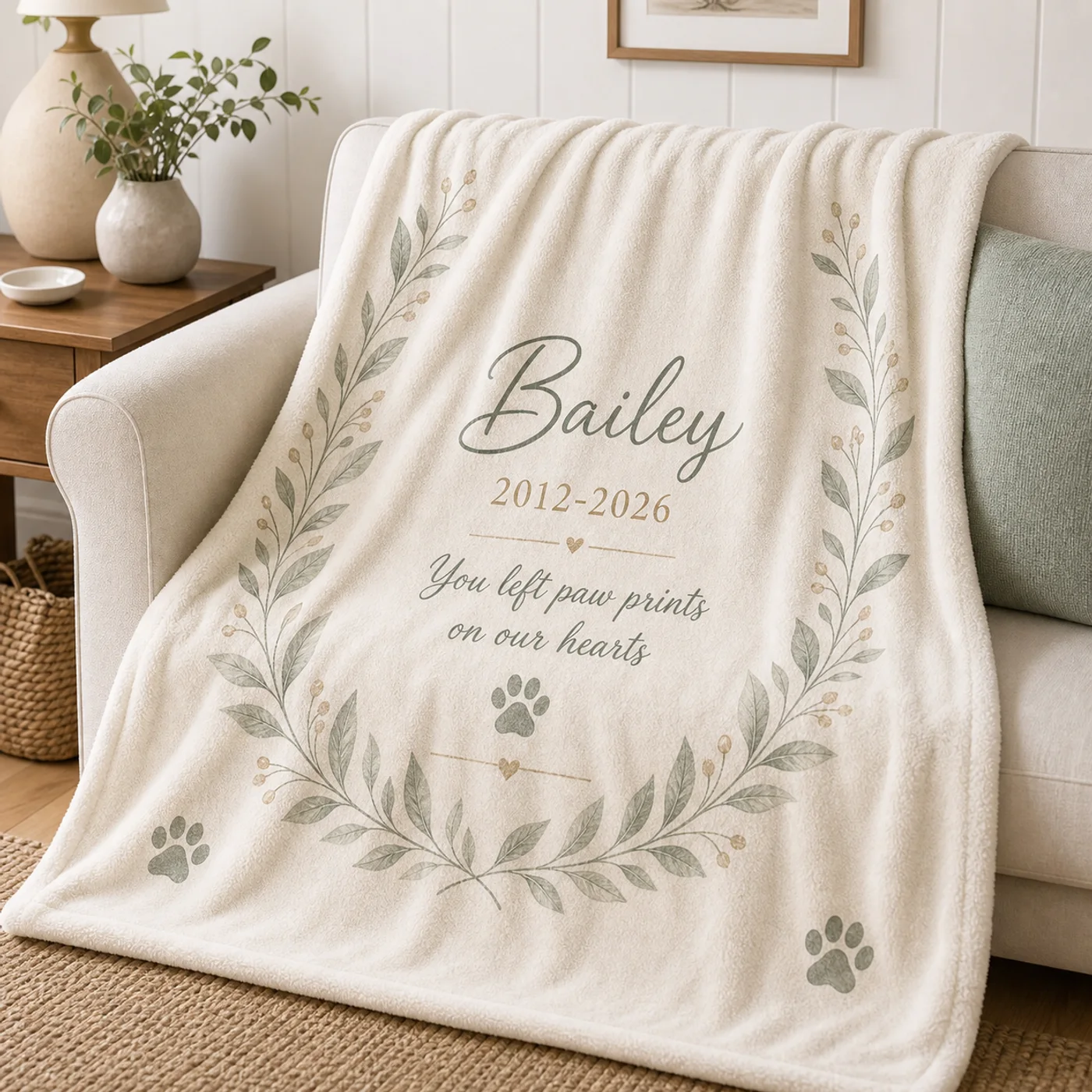 Personalized pet memorial blanket with a paw and botanical design