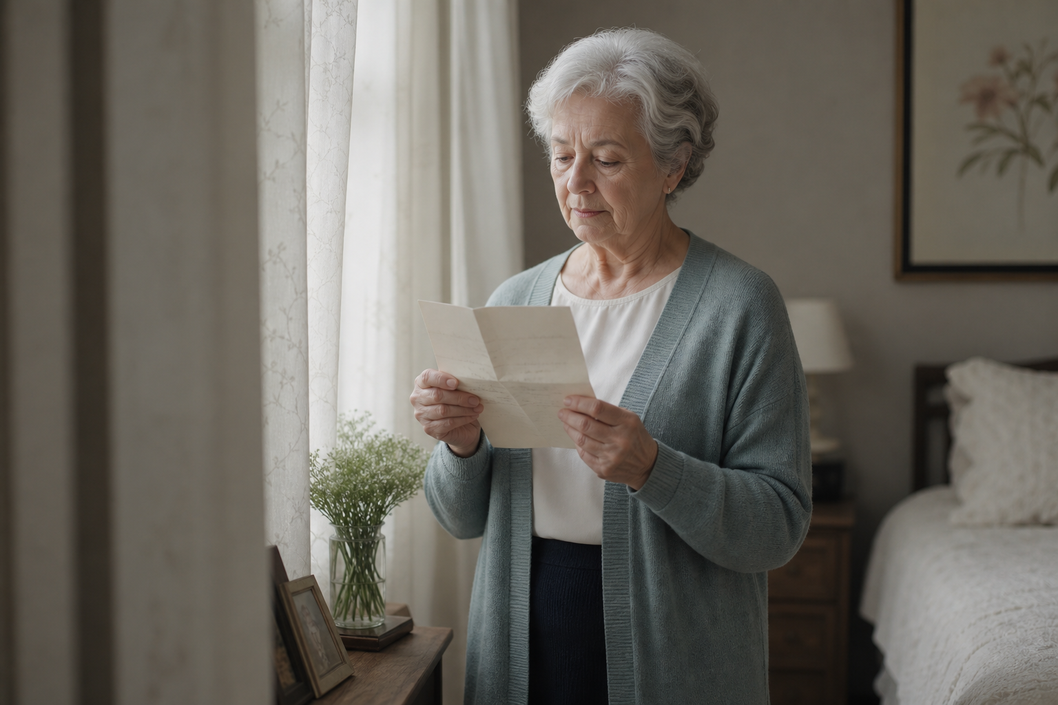Older woman holding a remembrance letter by a softly lit window