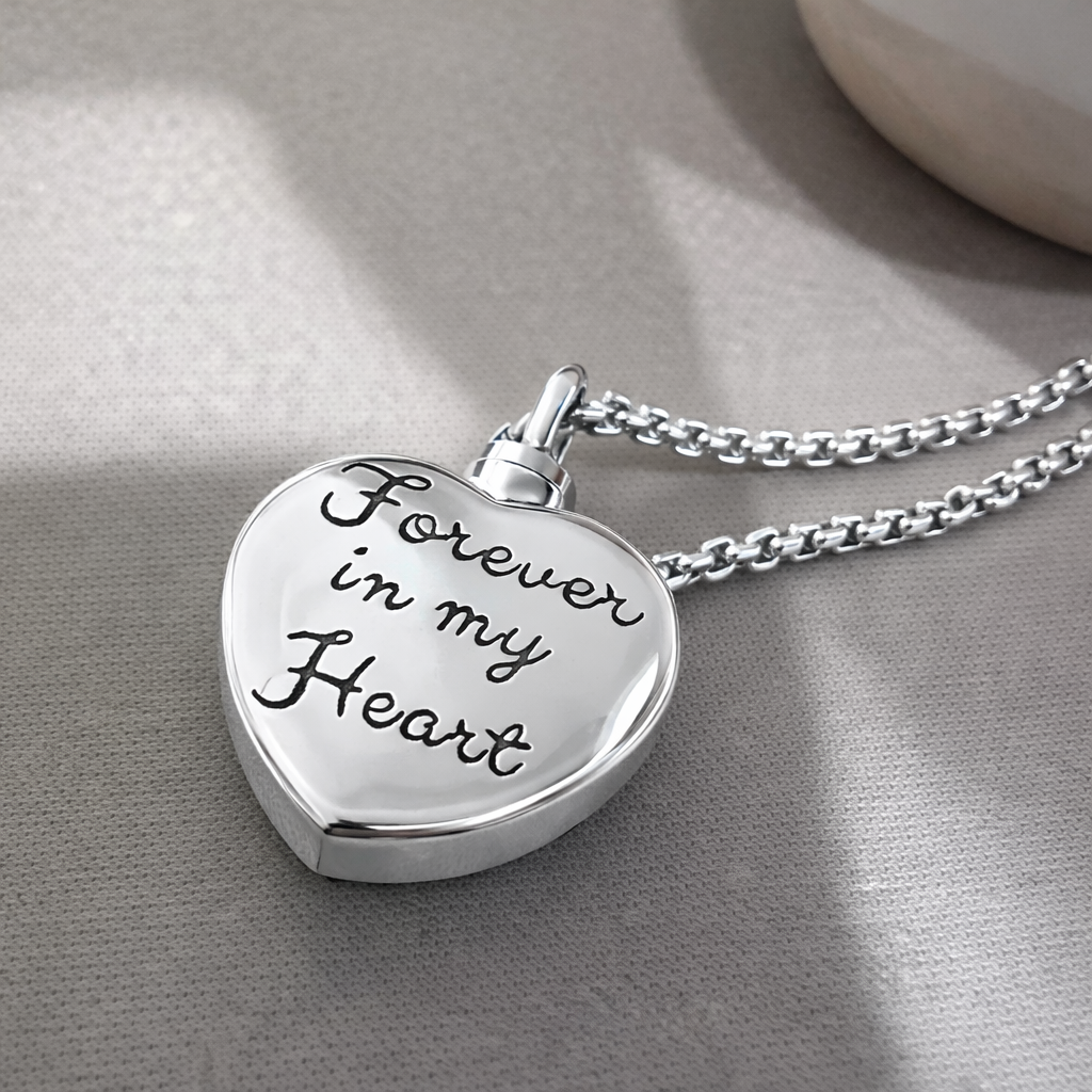 Back of Blue Heart cremation necklace with Forever in My Heart engraving