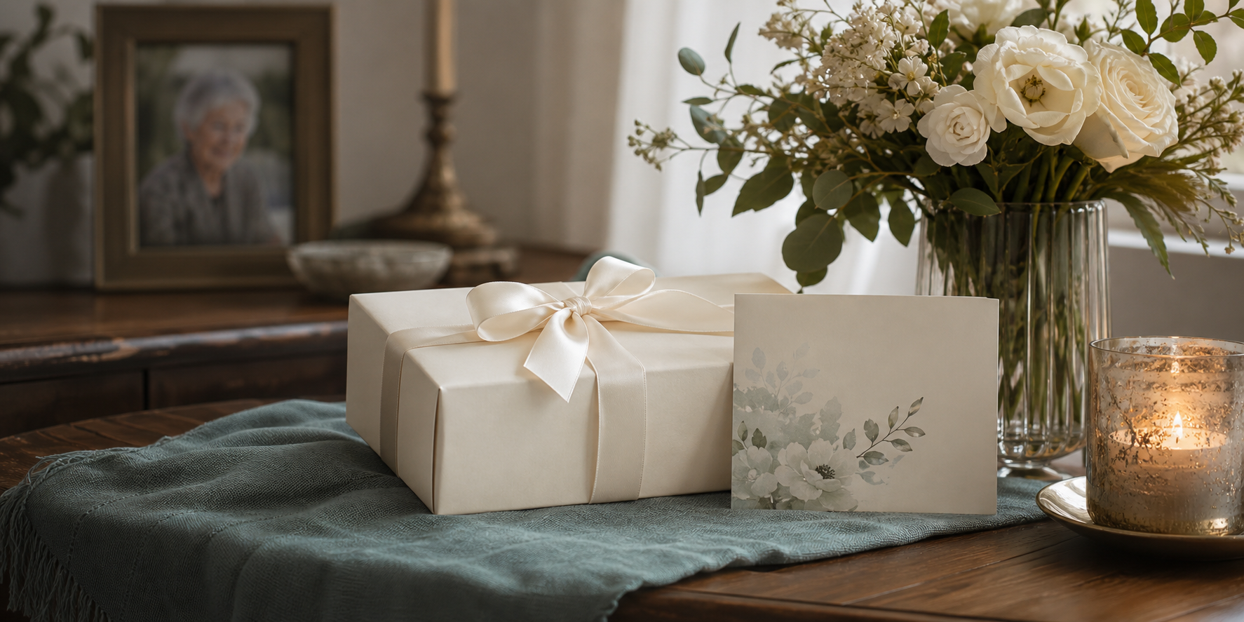 Gift-ready remembrance box and sympathy card in warm home light