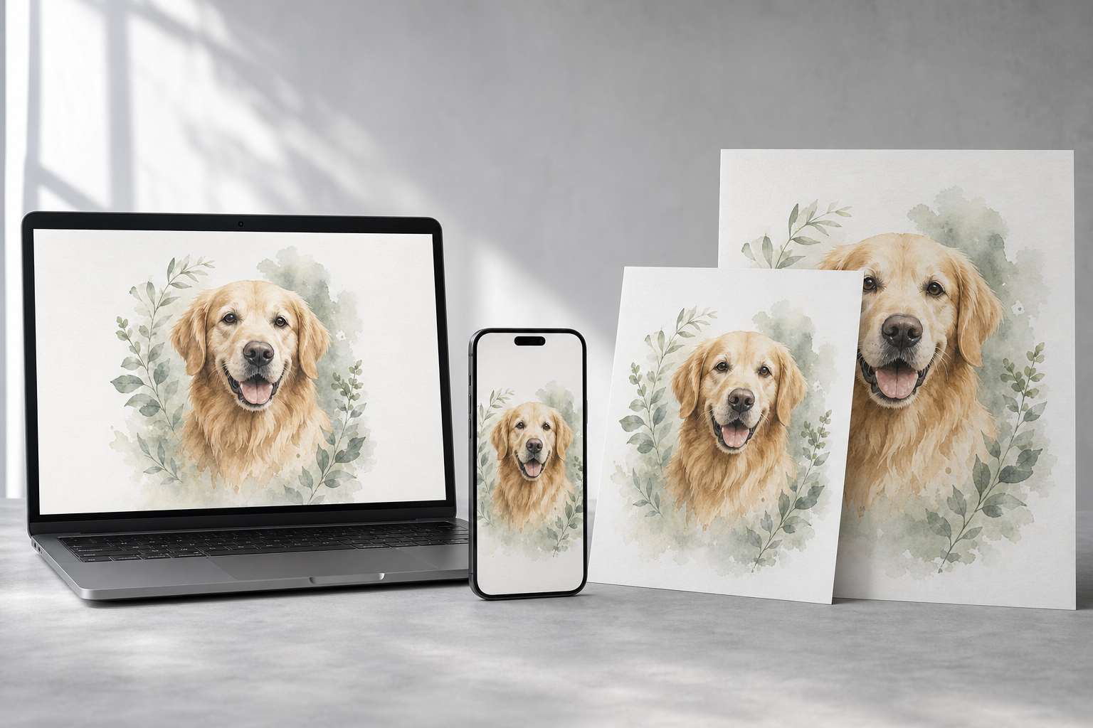 Digital pet portrait shown as print files, a phone wallpaper, and a laptop image